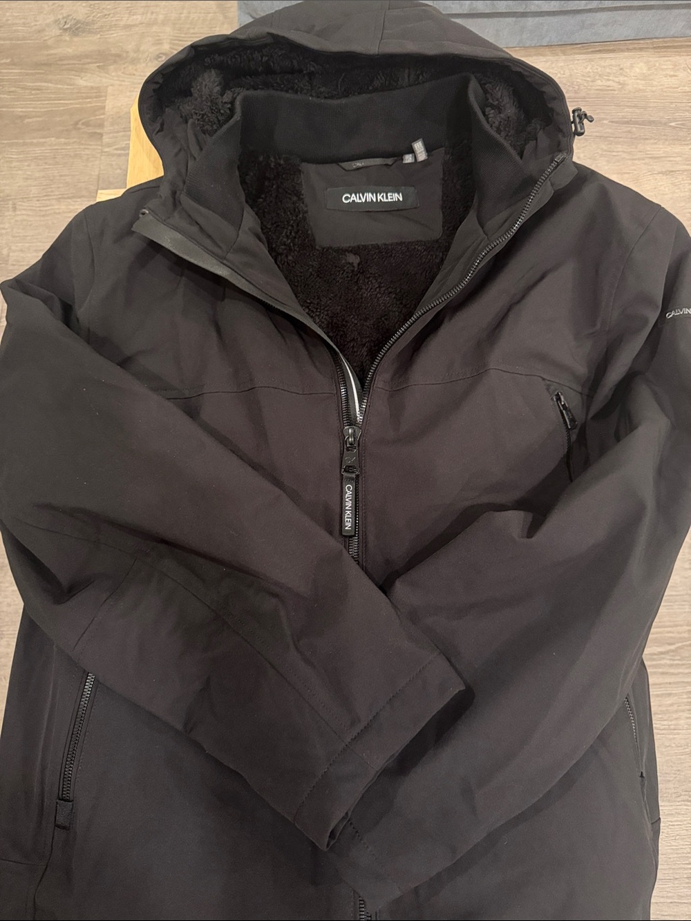 Calvin Klein Black Hooded Coat with Sherpa/Faux-Fur Lining